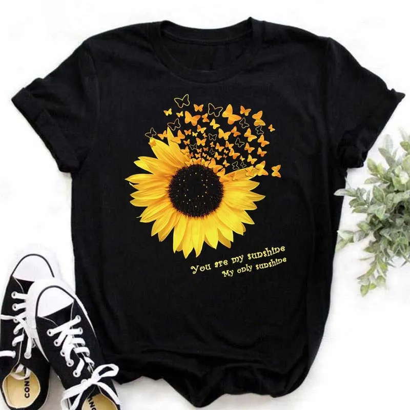 

Maycaur Women's T-shirt Casual Kawaii Sunflower Butterfly Pattern Print Tshirt Comfortable Casual Women's Clothing Black Top