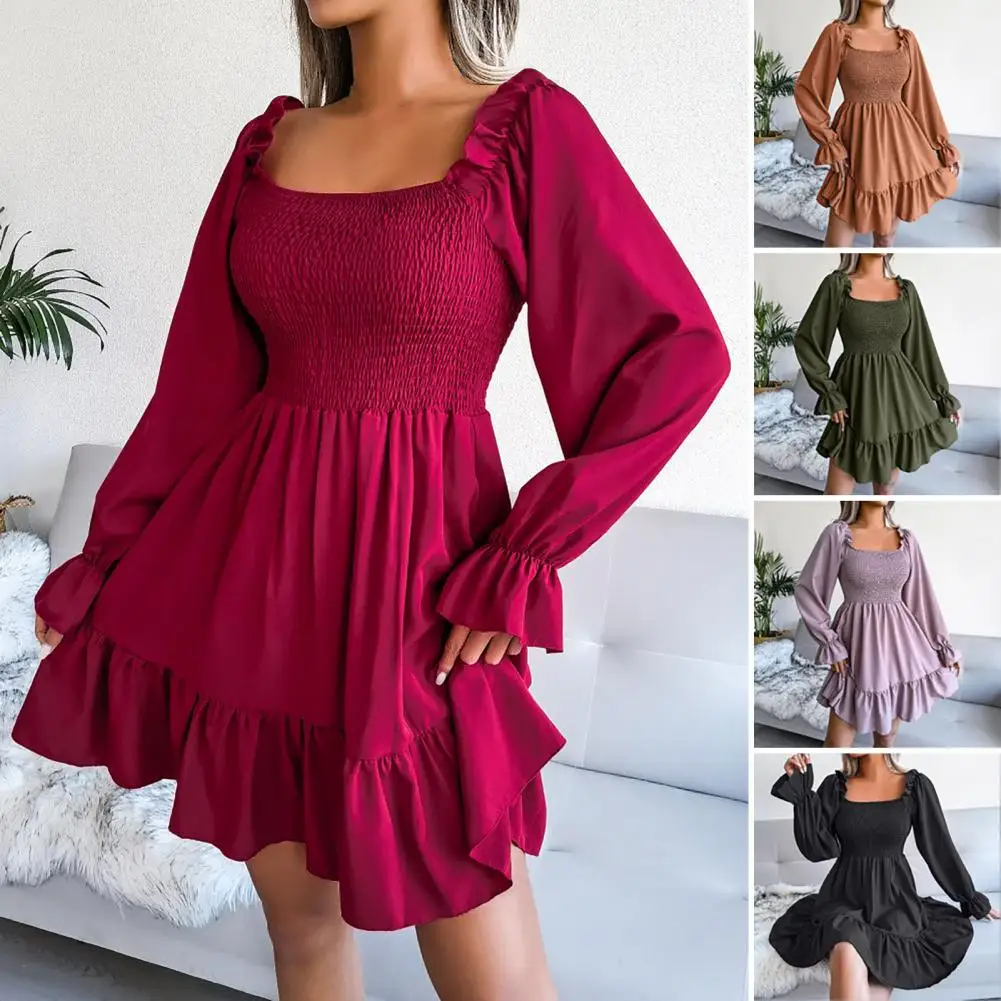 

Elegante A-linie Kleider Frauen 2022 Frühling Feste Platz Kragen Rüsche Hülse Hohe Taille Falten mini Kleid vintage vestidos