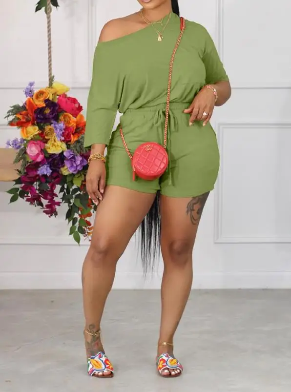 

Women's Skew Neck Shorts Sets Summer New Casual Daily Style Slight Stretch Long Sleeve Top & Drawstring Solid Color Shorts Set