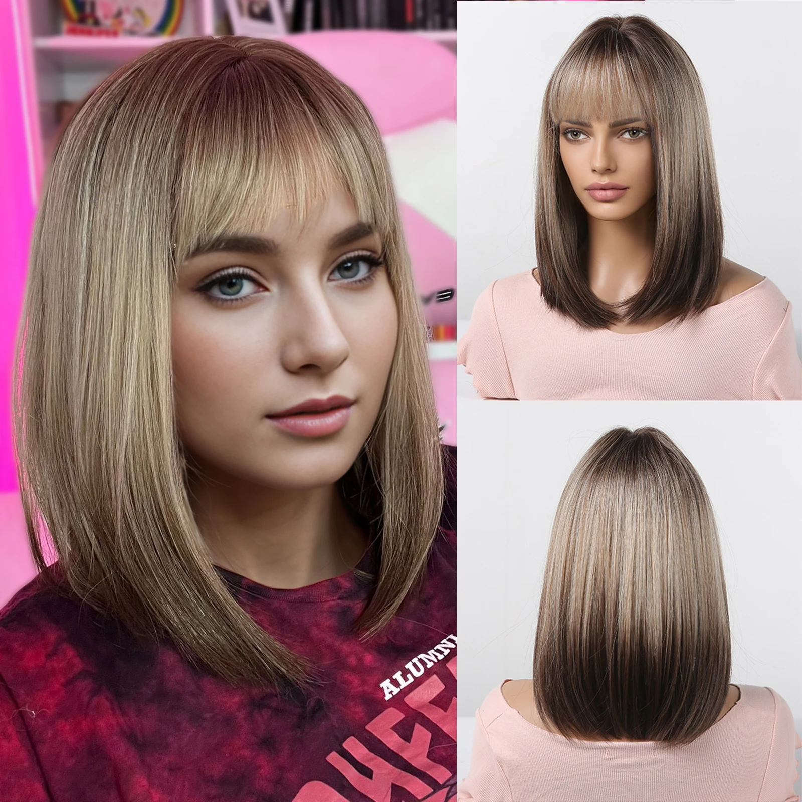 Светло-коричневый Короткий Прямой Синтетический Парик С Омбре Челкой