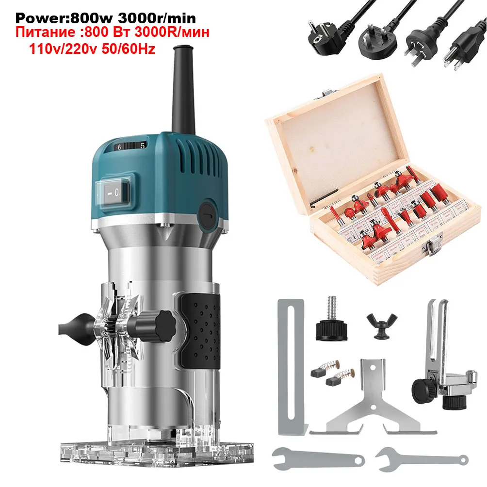 

800w 30000rpm Wood Router Kit，6 Speed Electric Trimmer Woodworking Tool Power Carpentry Manual Trimmer Tools With Milling Cutter