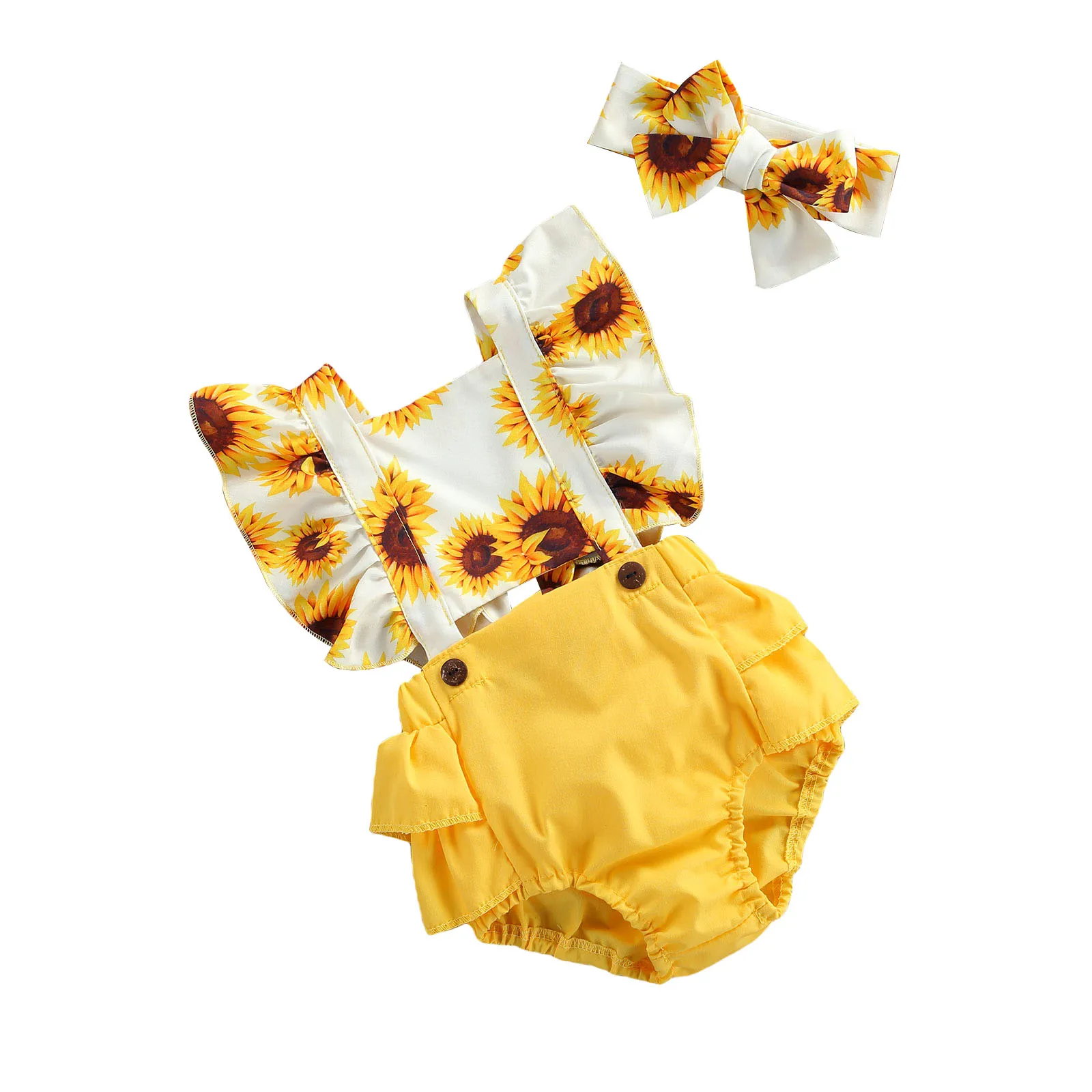 

Fashion Newborn Baby Girl Ruffle Sunflower Print Romper Cotton Sunsuit Sleeveless Jumpsuit Headband Outfits Clothes 0-24M