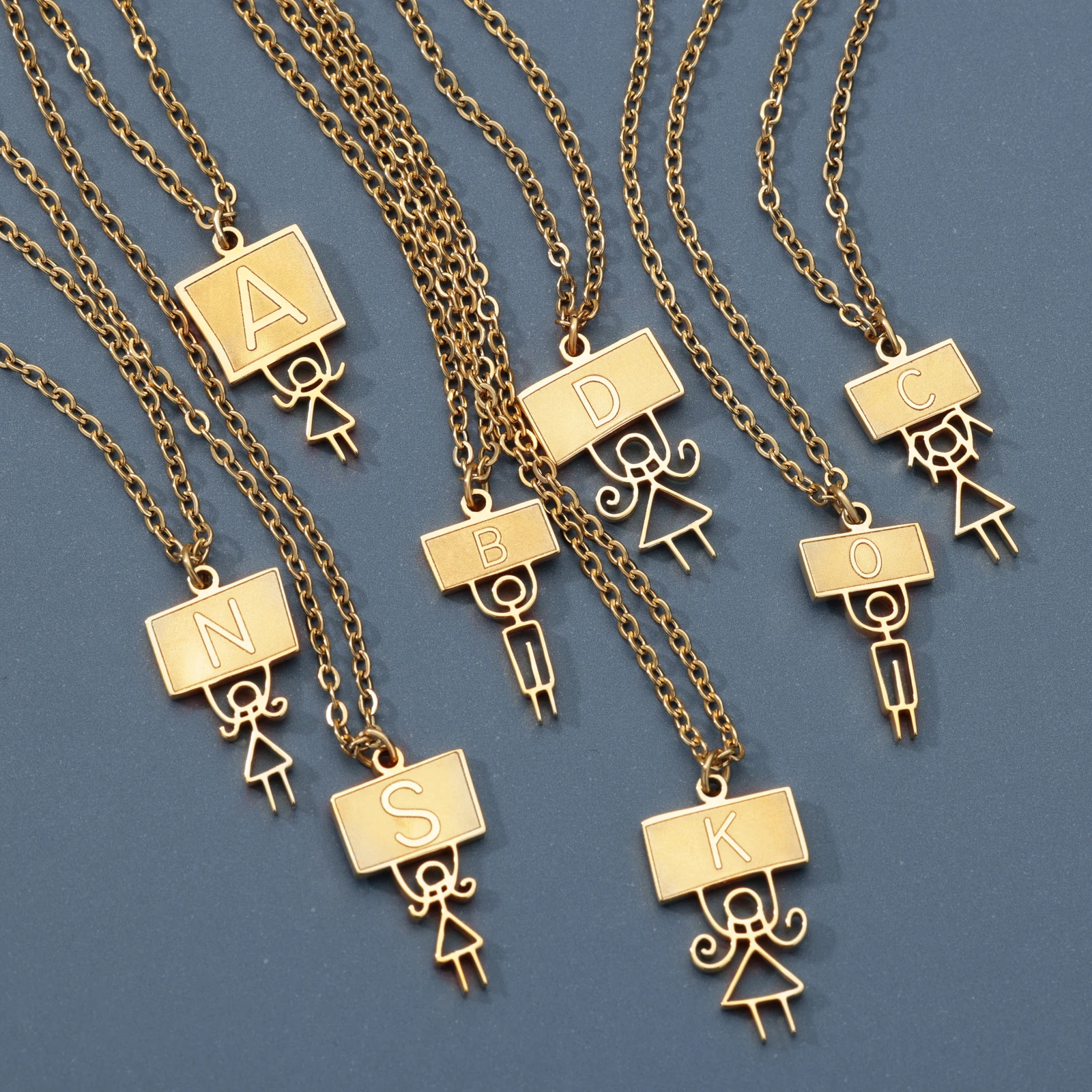 

Initial Letter Necklaces For Women Stainless Steel Gold Plated Stickman Charm New Trend Vintage Wedding Jewelry free shipping