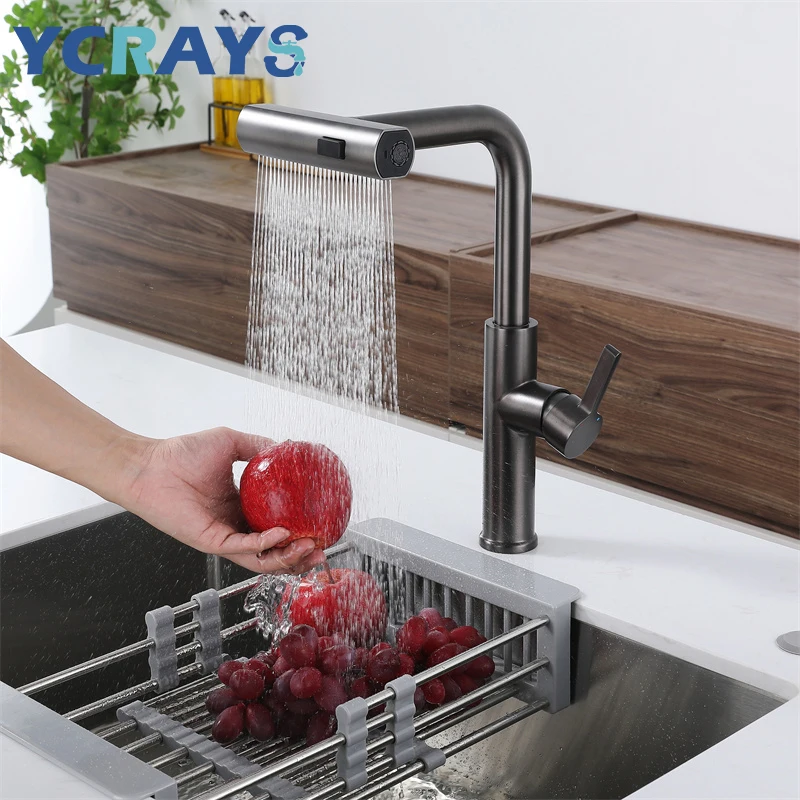 

YCRAYS Black Kitchen Faucets Gray Pull Out Rotation Waterfall Stream Sprayer Head Sink Mixer Brushed Nickle Water Tap Accessorie