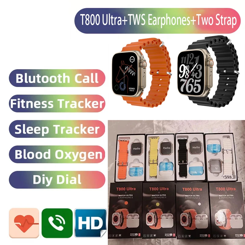 

Series 8 Smart Watch T800 Ultra 45mm 49mm TWO Strap TWS Bluetooth Headset Men Women Heart Rate Monitor Fitness Sport Smartwatch