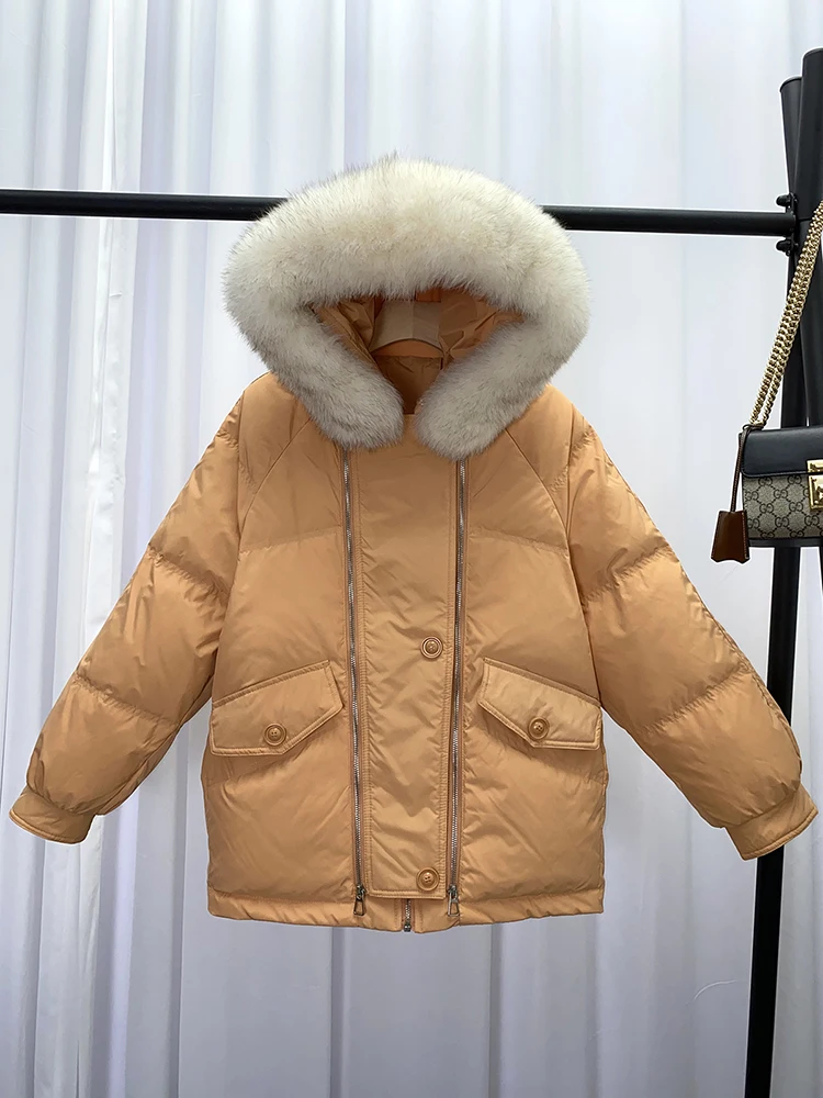 2022 New Real Natural Fox Fur Collar Women Winter White Duck Down Coat Female Solid Puffer Jacket Oversize Hooded Thicken Parkas