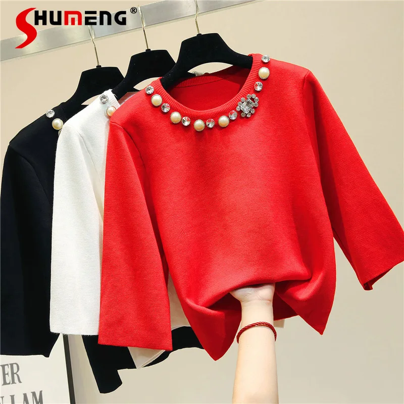 

Women's Beaded O Neck Pullover Red Sweater Spring Summer 2022 New Loose Rhinestone Long Sleeve Mid-Length Knit Tops for Women