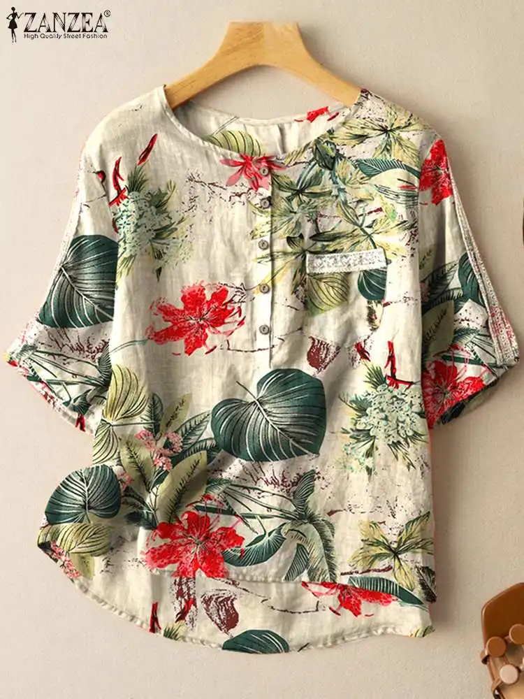

Women Vintage Floral Printed Shirt ZANZEA Summer O Neck Half Sleeve Blouse Bohemian Holiday Blusas Oversize Casual Tops Tunic