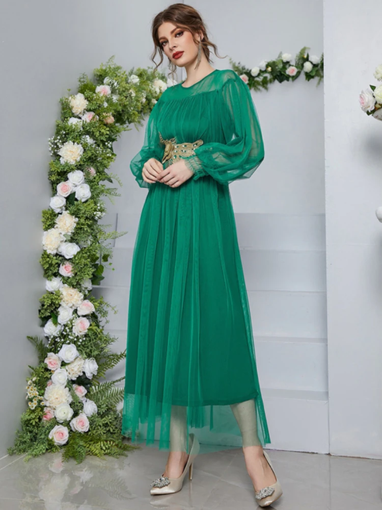 

Maxi Dresses For Women Abaya Muslim Fashion Patchwork Elegant Mesh Appliques Tunic Fake Two-piece Dress 2022 New