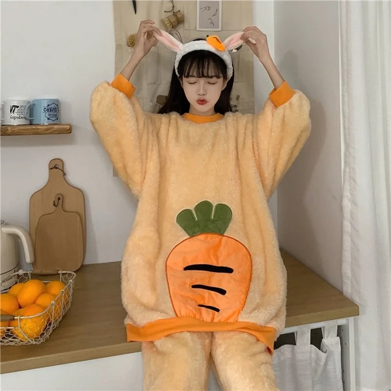 QWEEK Pajamas for Women Winter Carrot Coral Fleece Pijamas Large Size Pyjamas Velvet Suit 2 Piece Set Women Nightwear Sleepwear