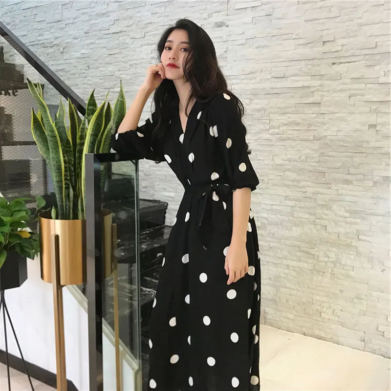 

New Style Long Skirt Bohemian Women's Retro Slim and Elegant French Retro Hepburn Style Black Polka Dot Long Skirt Korean Style