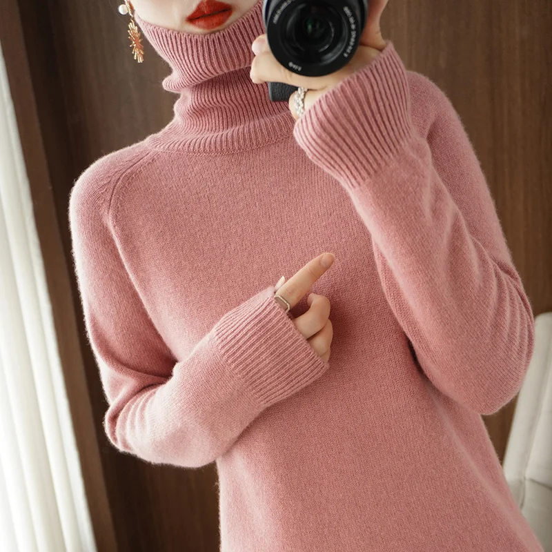 Autumn winter new sweater high lapel pullover solid color cashmere sweater women's loose yuan treasure needle long sleeve knitwe enlarge
