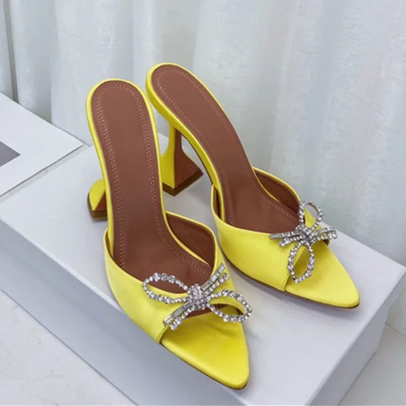 2022 summer European and American new high-heeled diamond decoration bow pointed open toe ladies slippers