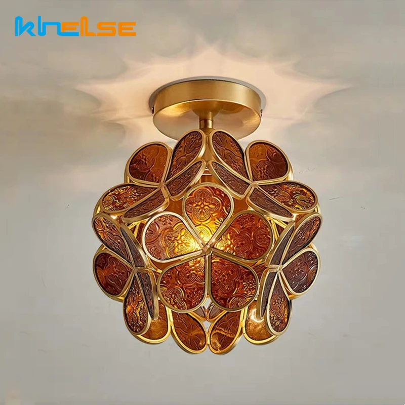 Luxury Tiffany Flower LED Ceiling Lights E27 Vintage Copper Glass Petal Inlaid Chandelier Living Room Aisle Bedroom Decor Lamp