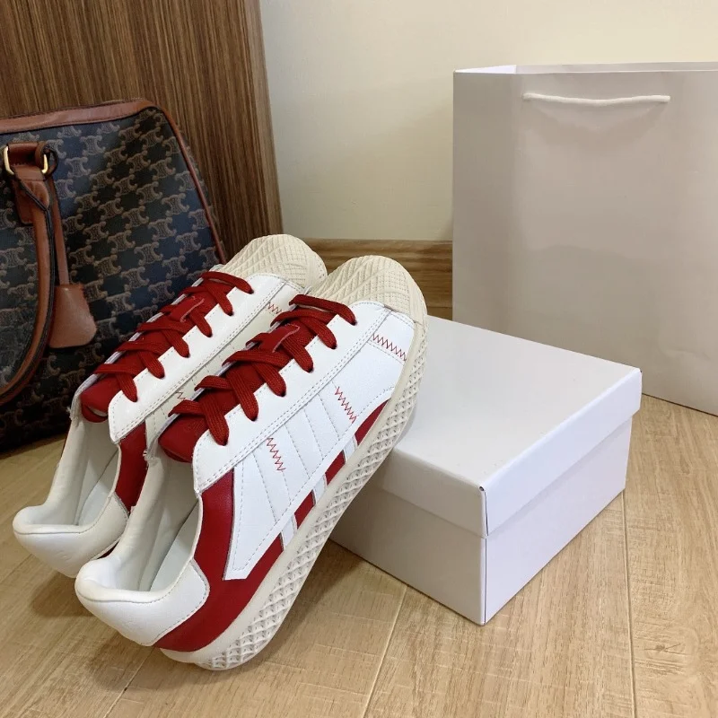 2023 New Shell Casual Versatile Color Matching Lace up Little White Shoes for Women~Round Head Couple Cricket Shoes