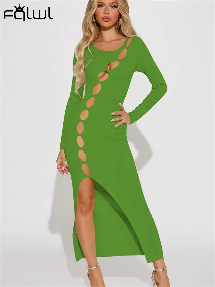 

Habbris Green Hollow Out Split Long Dress Party Evening For Women 2023 Autumn Brown Long Sleeve Bodycon Maxi Dress Fashion Dress
