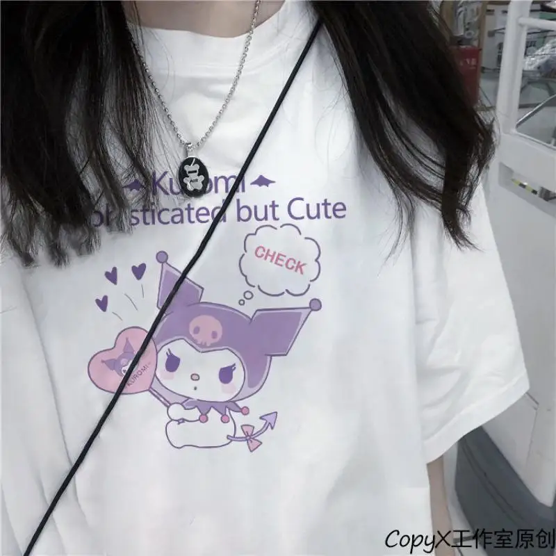 

Новая Милая хлопковая футболка с коротким рукавом Sanrio Kuromi свободного кроя Универсальный академический стиль Ins подарок девушке на день рож...