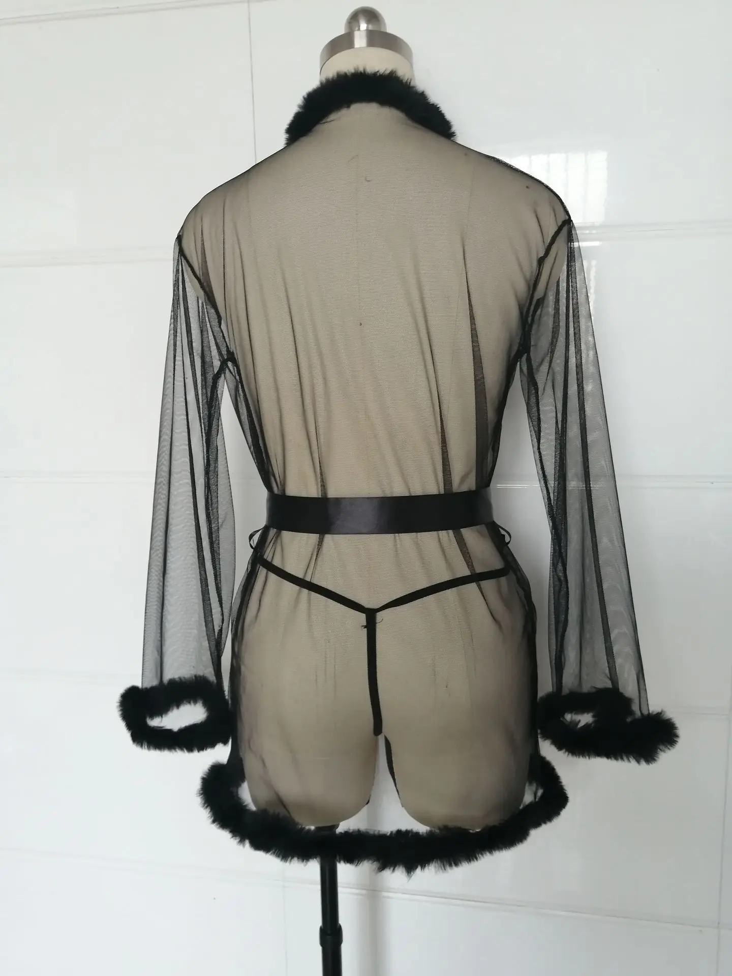 Women Mesh Sheer See Through Sleepwear Robe 3pcs Fur Erotical Set Sexy Lingerie Costume Night Gown Erotic With Briefs Belt images - 6