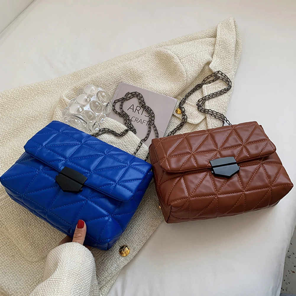 

2022 Bags for Women PU Leather Lattice Pattern Crossbody Bag Lady Solid Color Chain Casual Square Luxury Brand Designer Handbags
