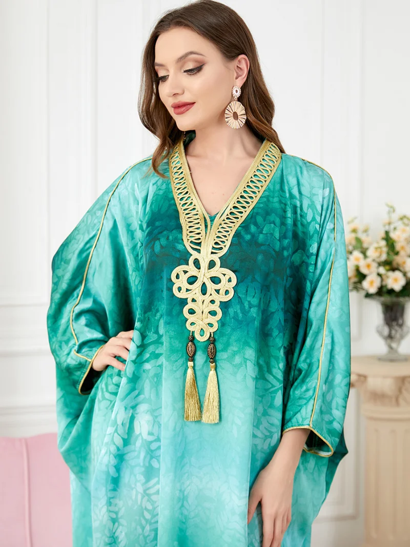 Tassel Kaftan Long Dress Women Batwing Embroidery Appliques Printed Moroccan Kaftan Muslim Party Dresses Eid Ramadan Dubai Abaya