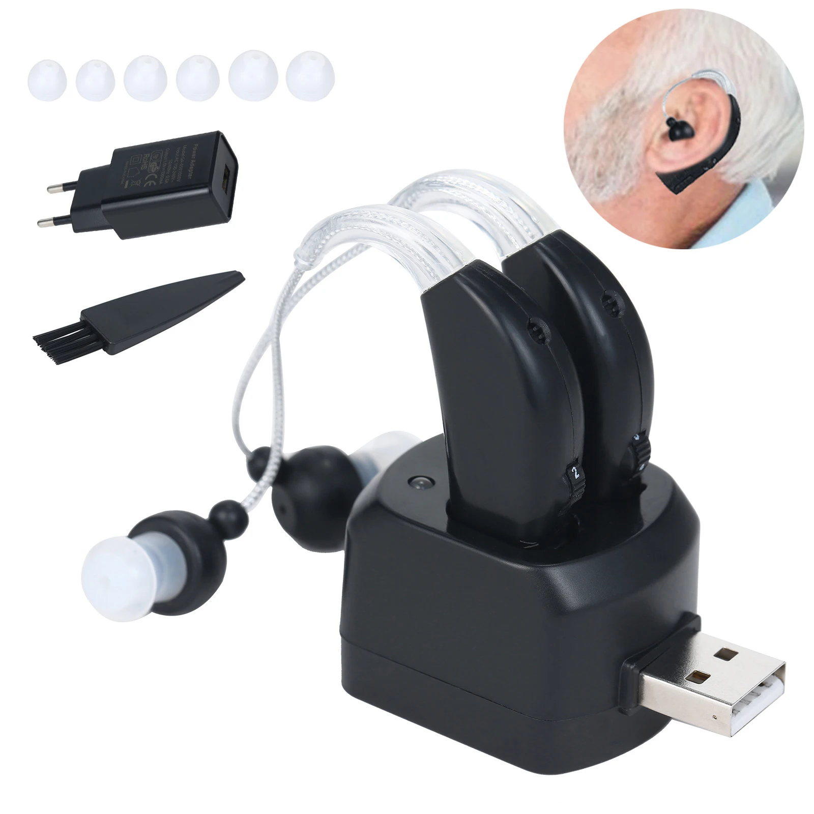 

Hot Sell USB Dual Charge Hearing Aids Sound Amplifier Black Behind the Ear Deaf Help Father Gift