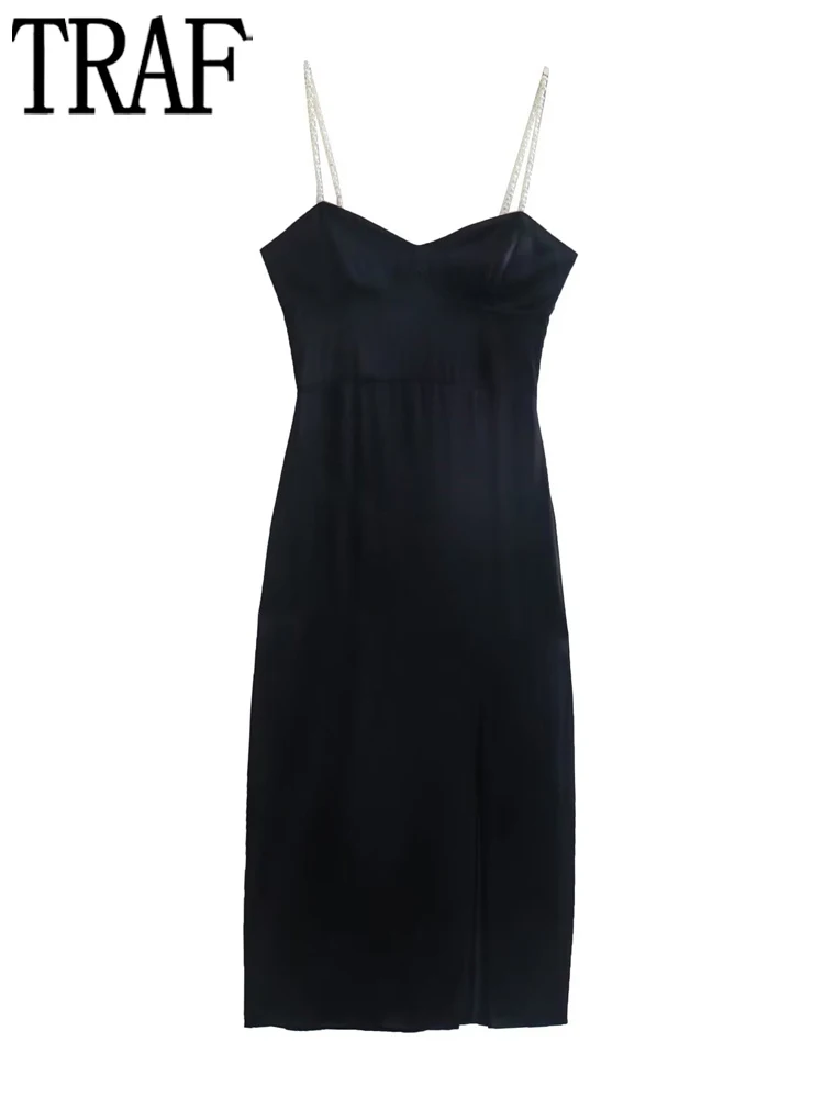 

TRAF Sexy Corset Dress Woman Black Satin Slip Dress Women Pearls Straps Backless Female Dress Summer Backless Midi Party Dresses