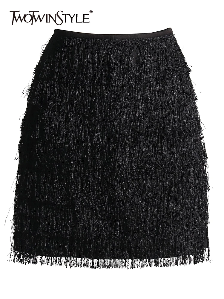 

Женская юбка с бахромой TWOTWINSTYLE, однотонная мини-юбка трапециевидной формы с высокой талией в стиле пэчворк