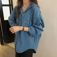 fashion long sleeve hooded women t shirts 2022 summer causal loose harajuku work oversized clothing brief all match blouse blue