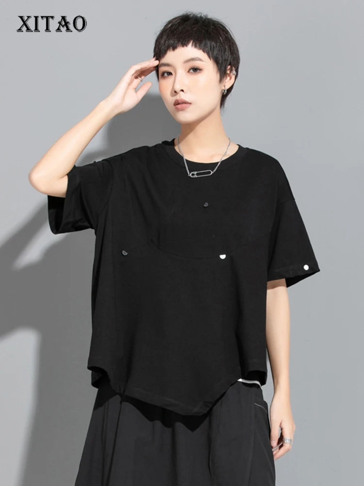 

XITAO Asymmetrical T-Shirt Women Korea 2022 Summer New Arrival Personality Fashion Loose O-neck Short Sleeve T-Shirt WLD6970