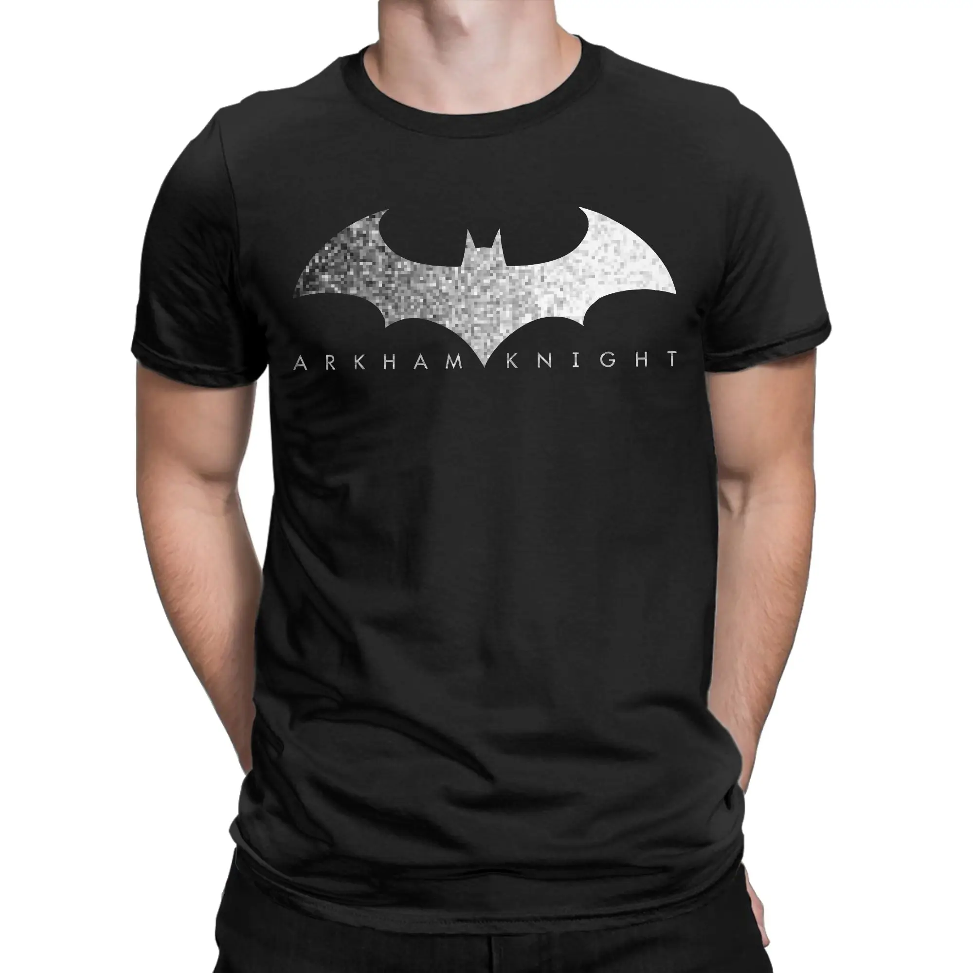 Фото Футболка с пиксельным логотипом Batmans Arkham Knight, футболки из 100% хлопка, забавные футболки, одежда с графическим принтом №1