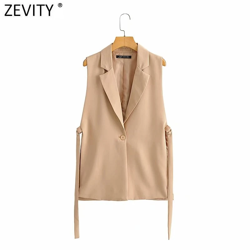 Zevity Women 2021 Fashion Solid Side Split One-Button Vest Vintage Female Sleeveless Outerwear Suit Chic Outwear Waistcoat CT734