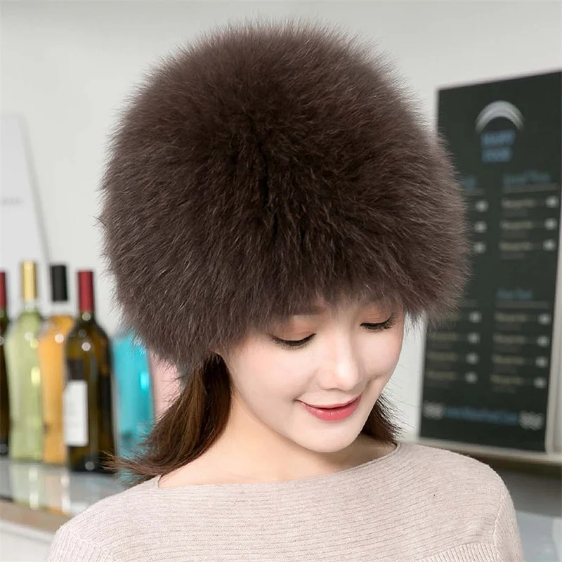 Winter Women's Fox Hat Natural Real Fur Knitted Bomber Hat Fashion Fluffy Ladies Real Fur Beanie Women's New Fox Skin Hat