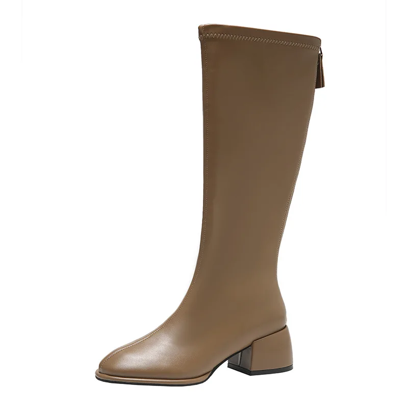 2022 Winter Fashion Women Thigh High Long Flat Boots Beige Low Heels Knee High Boots Soft Leather Square Toe Boots Party Shoes