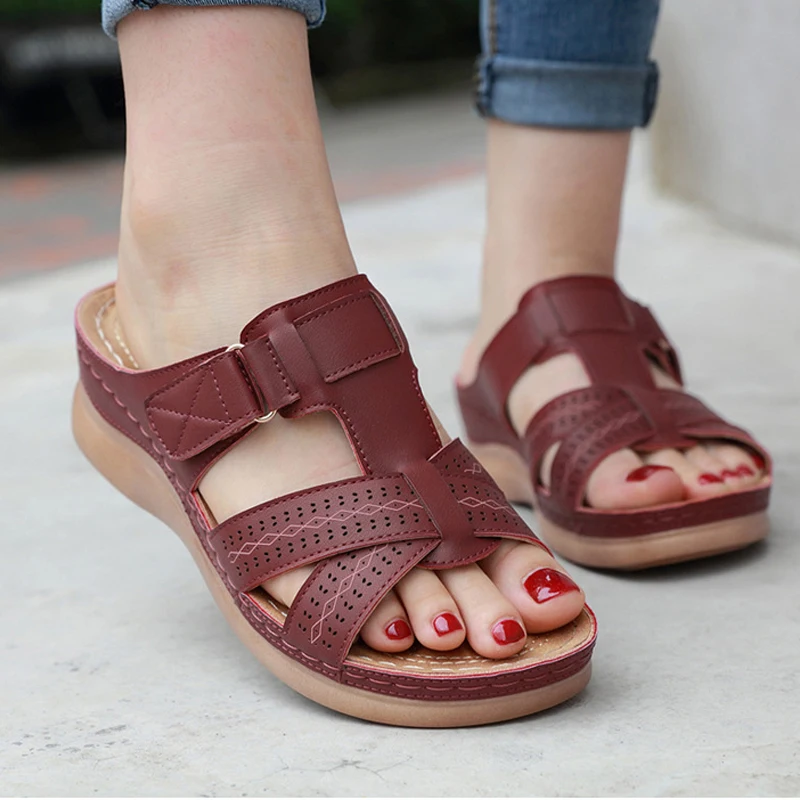PU Leather Wedge Sandals And Slippers Women Cross Strap Platform Summer Outdoor Mother Shoes Comfy Sandales Femmes Ete 2022