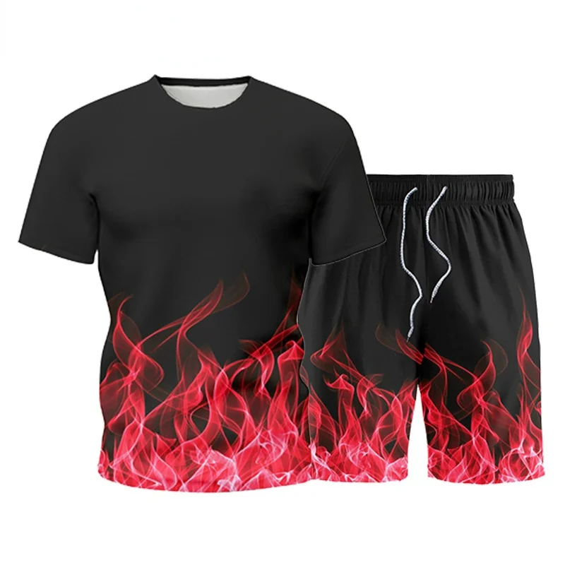 

Men's Tracksuit Summer Flame Fashion T-shirt + Shorts Set Sportswear 3D Patchwork Set Harajuku Printed Trendy Male Sport Suits