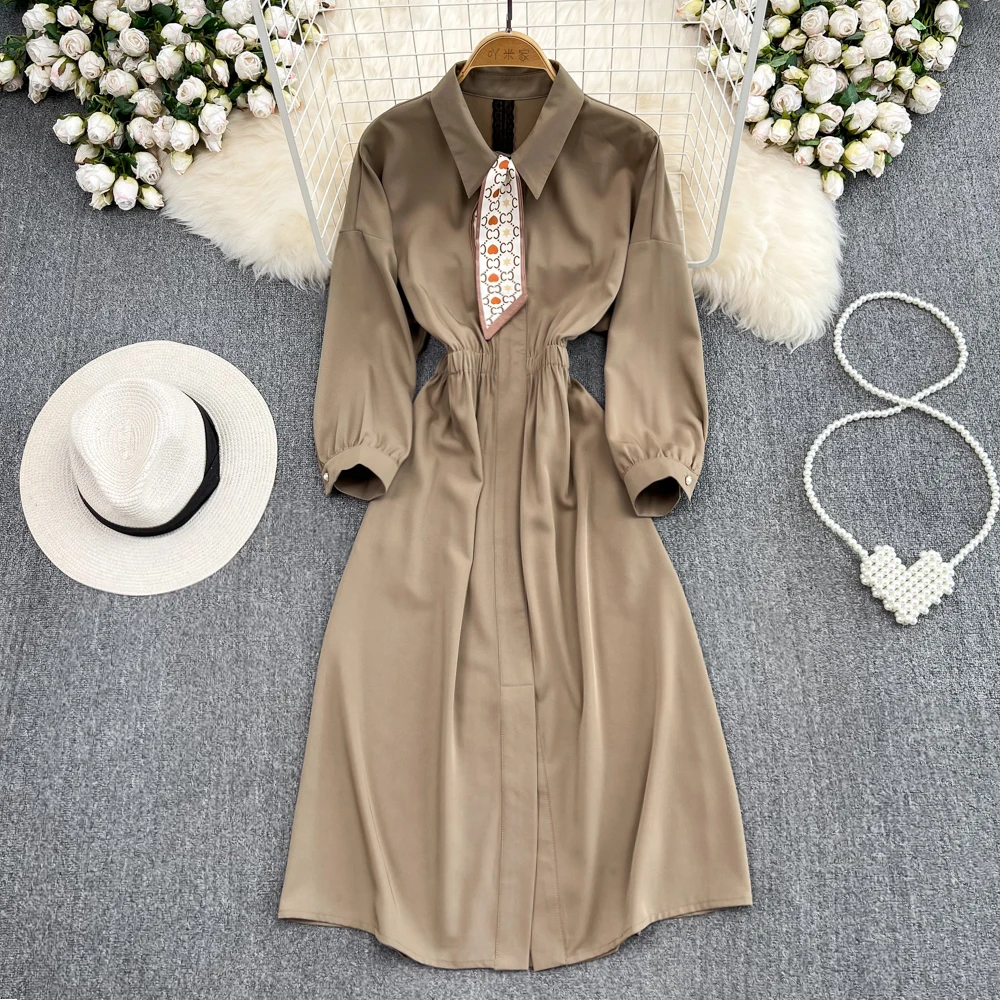 

SuperAen 2022 осеннее корейское шикарное дизайнерское платье трапециевидной формы с длинными рукавами и отложным воротником, Элегантное Длинное...