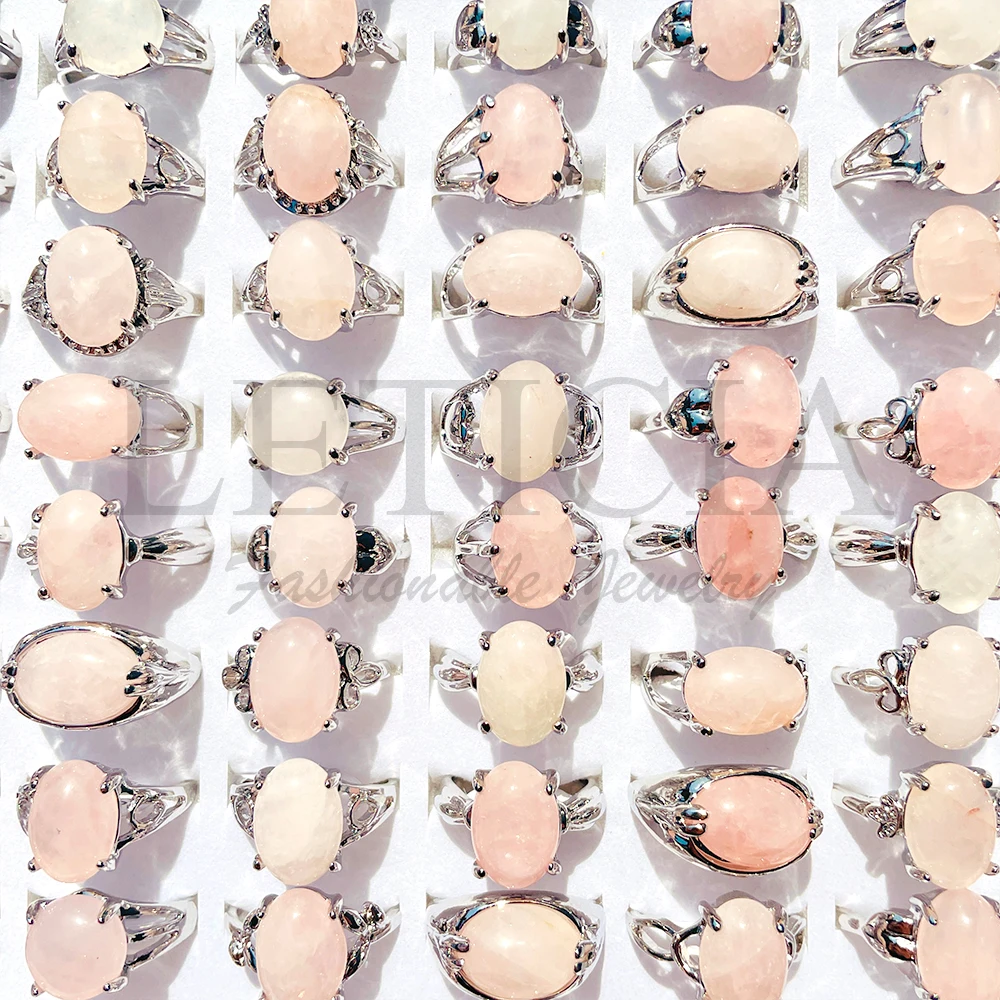 20/50Pcs Fashion Vintage Natural Stone Pink Crystal Ring Gem Rings Jewelry Party Gifts Accessories Kit