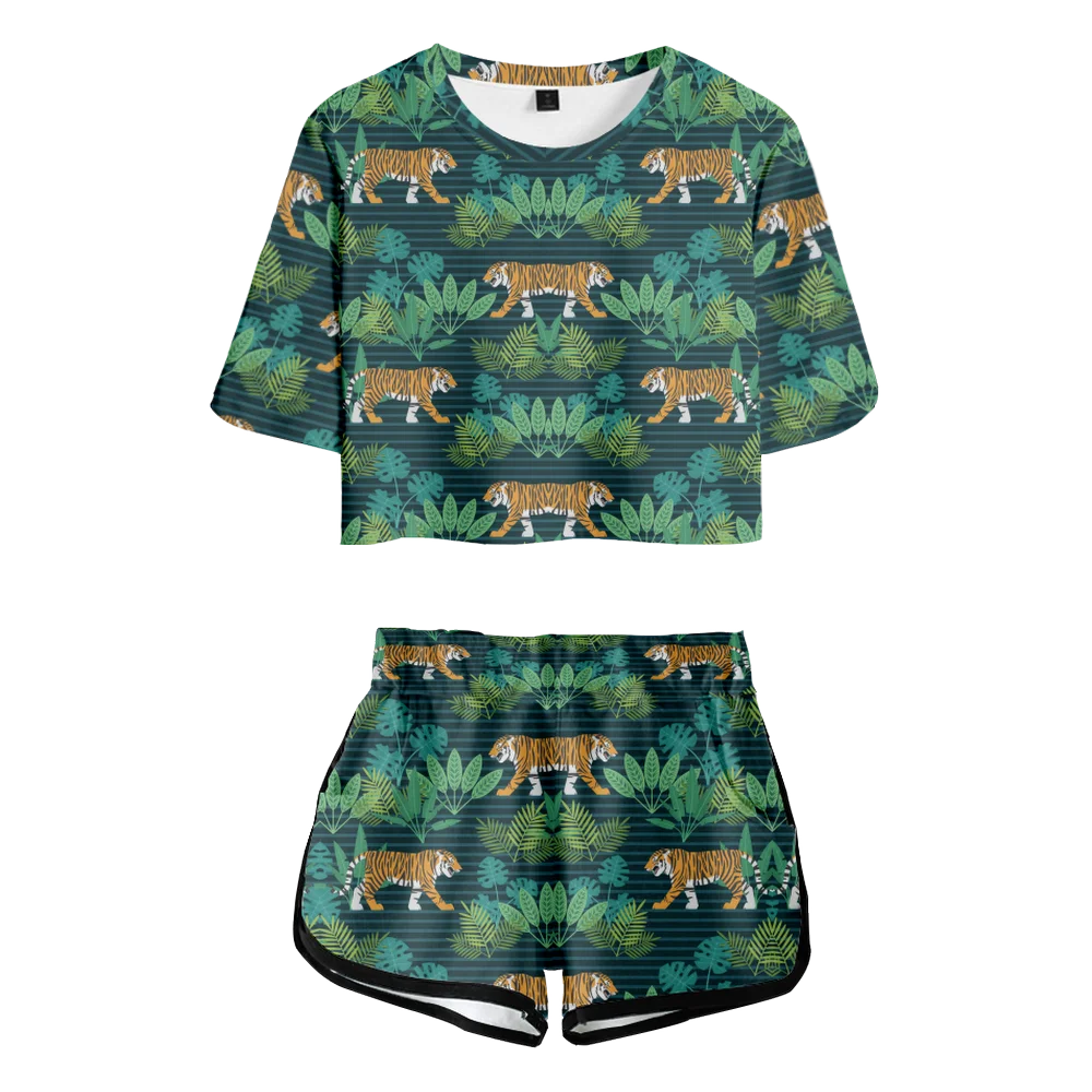 

Футболка женская/женская с 3D принтом зеленых листьев джунглей и тигра, костюм из двух предметов с шортами и эластичным поясом, футболка