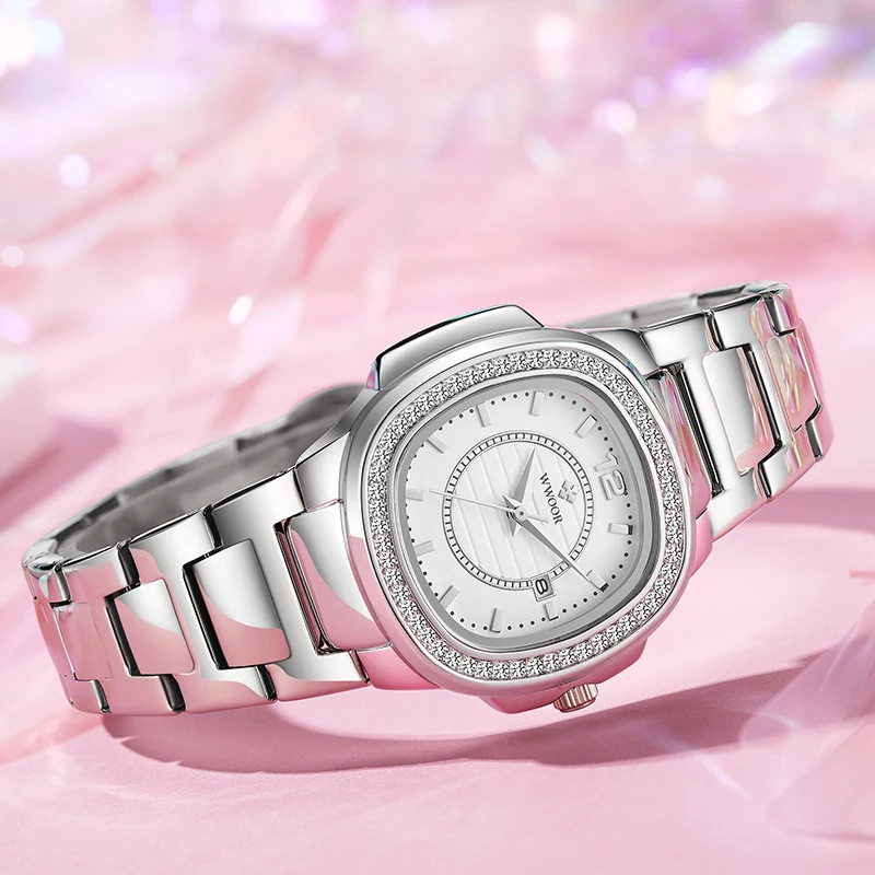 WWOOR Luxury Women White Watch Fashion Ladies Quartz Wristwatch Calendar ​Diamonds Female Clock Bracelet Watch New Elegant Reloj