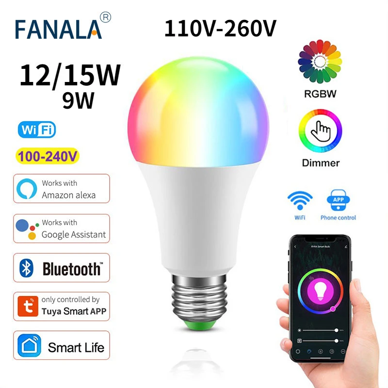 Tuya WiFi E27 B22 Smart Dimmable Bulb RGBCW 100-240V LED Light Smart Life App Control Support Alexa Google Home Alice