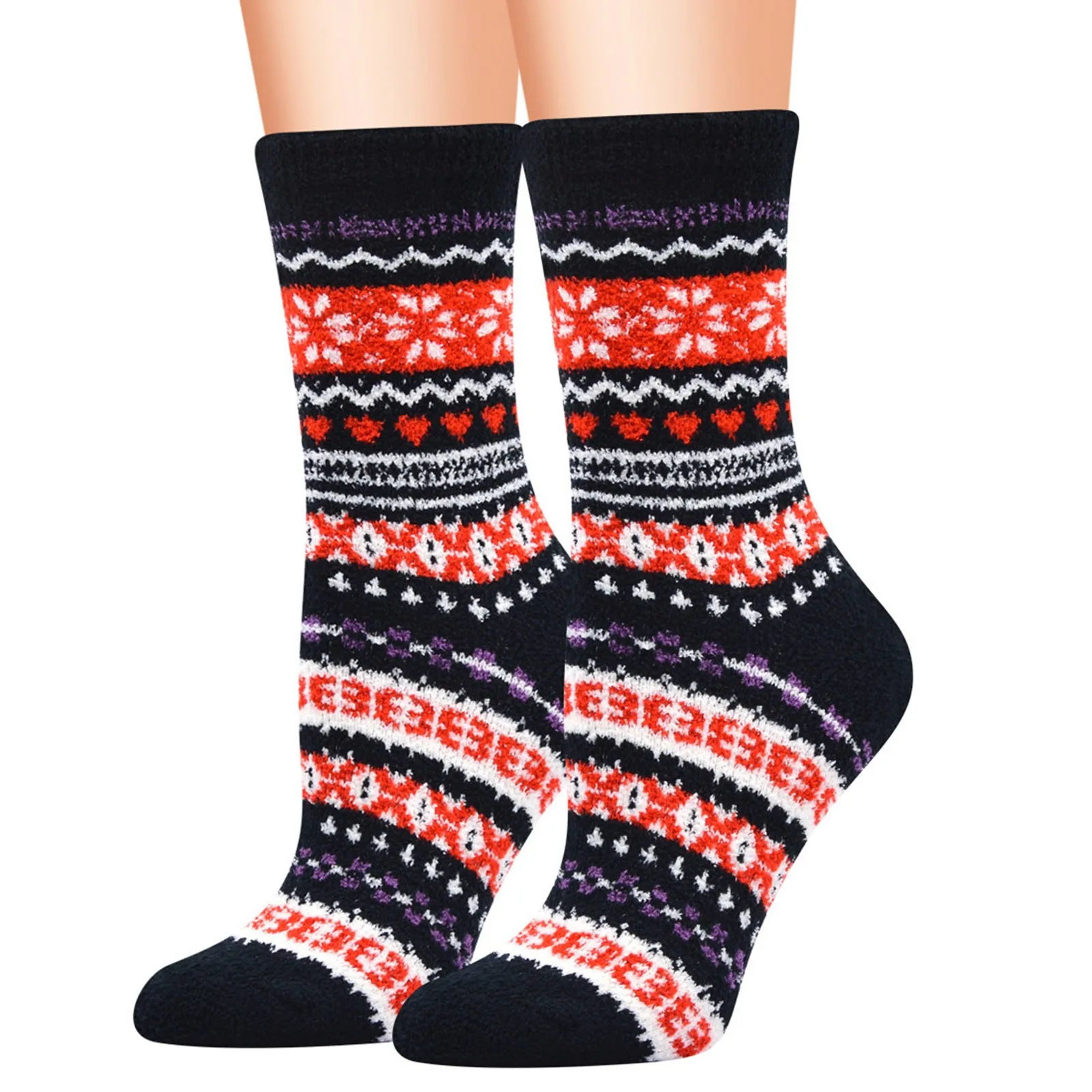 

1 Pair Winter Women Coral Fleece Socks Classical Striped Super Thick Cozy Warm Thermal Snow National Harajuku Pattern Socks