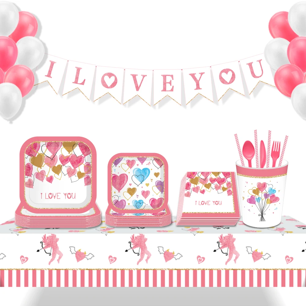 

Happy Valentine's Day Cupid Wedding I LOVE YOU Party Disposable Tableware Sets Tablecovers DIY Banner Proposal Party Decorations