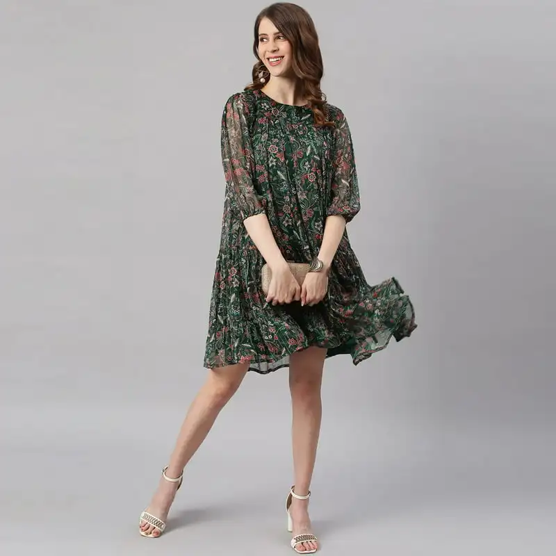 

Boho Round Neck 3/4 Sleeve Floral Green Poly Georgette Flowly Midi Dress For Women