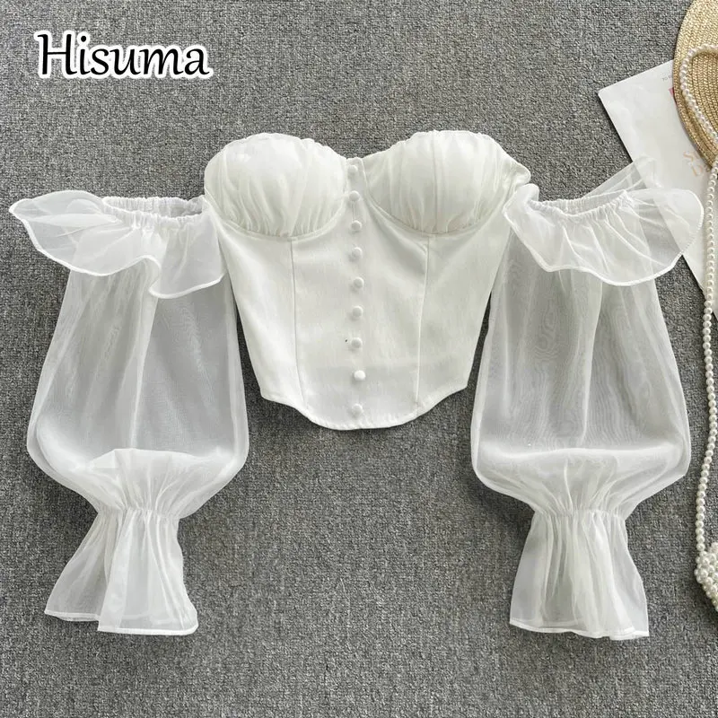 

2022 Summer new female slash neck puff sleeve ruffles chest wrap chiffon shirts women elegant sweet blouses chic shirt