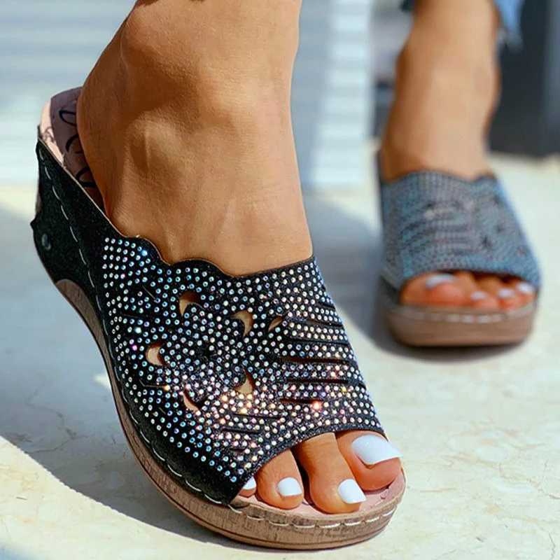

Summer Women Wedges Slipper Platform Crystal Bling Luxury Slides Peep Toe Outddor Elegant Sandals Dress Casual Ladies Shoes HOT