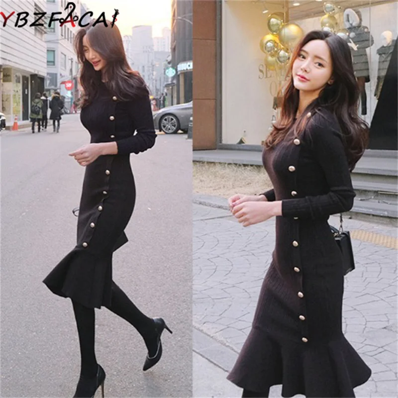 

Long Sleeve Knit Slim One Piece Dress Women 2022 Fall New Round Neck OL Midi Sweater Dress Black Sexy Tight Hip Fishtail Dress