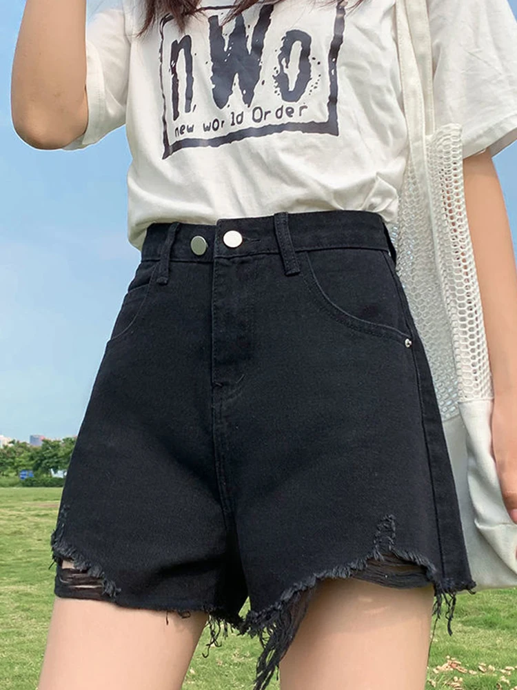 Streetwear Women High Waist Loose Hole Frayed Denim Shorts Spring Summer Female Wide Leg Retro Jeans Shorts Bottoms