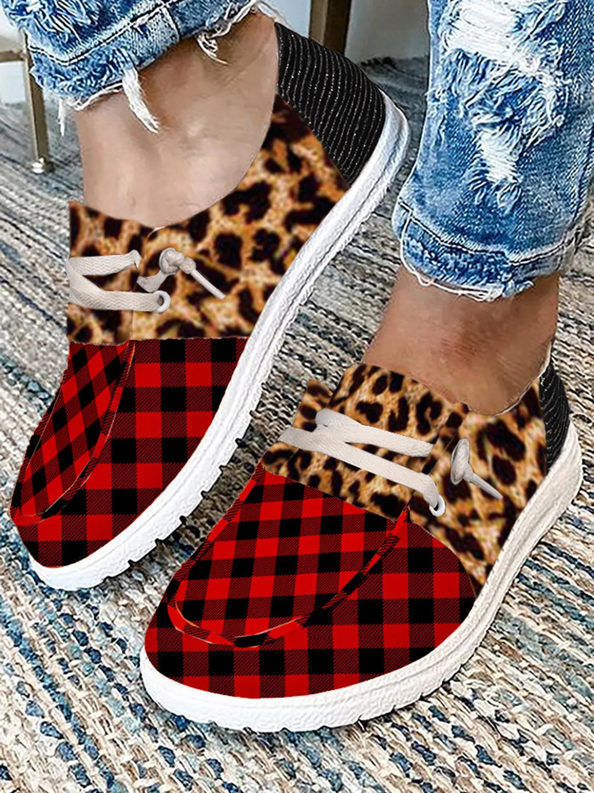

Buffalo Plaid Leopard Splicing Slip On Flat Sneakers Sports Shoes Women Comfortable Casual Breathable Lace-up Flat Running Shoes