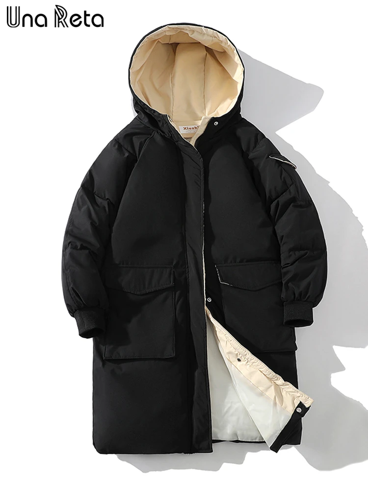Una Reta Casual Long Parka Winter Men Clothing Streetwear Cotton Coat With Hooded Hip Hop Solid Zipper Thick Jackets