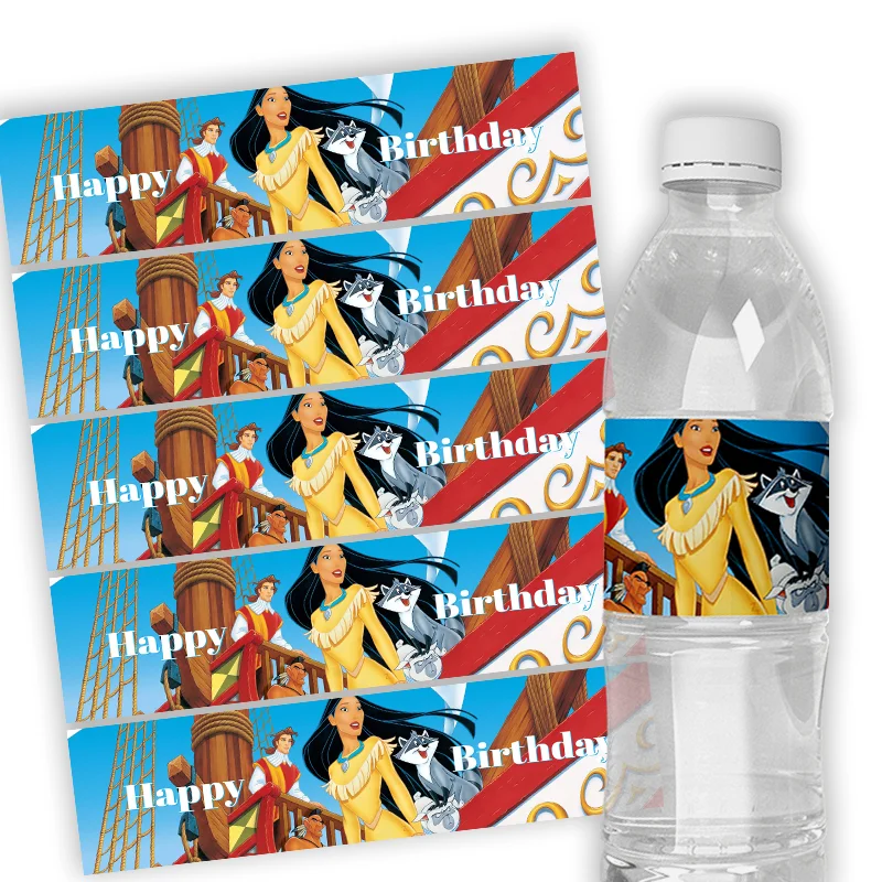 

6pcs Customized Pocahontas Water Bottle Labels Happy Birthday Party Mineral Water Bottle Sticker Wrappers Decoration Supplies